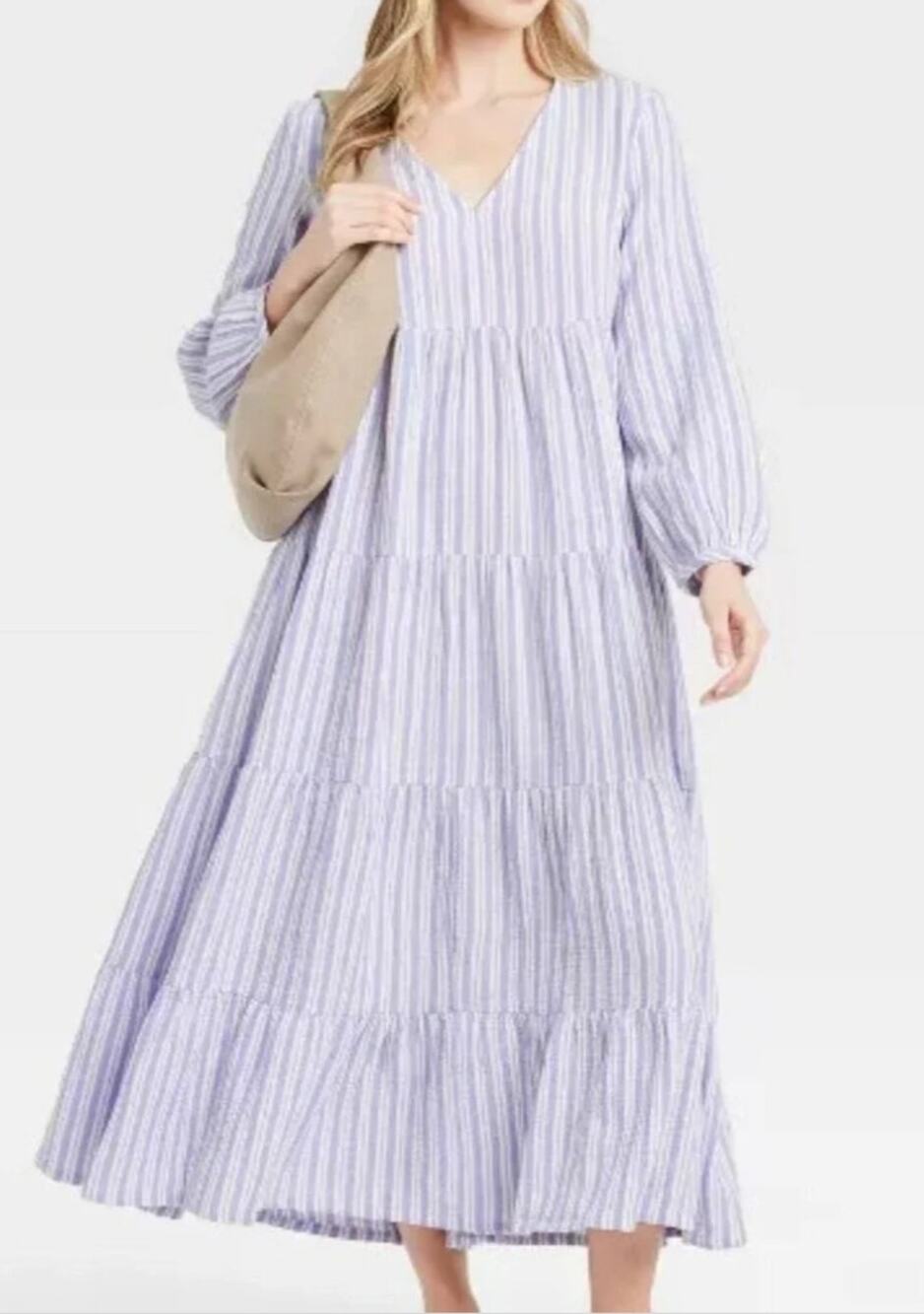 Universal Thread Long Sleeve V Neck Striped Cotton Maxi Dress Purple Medium